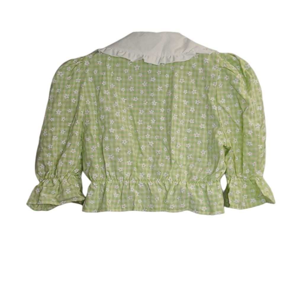 New Cider Green Puff Sleeve Tea Party Daisy Crop Top With Tie Front M — image 3 of 8